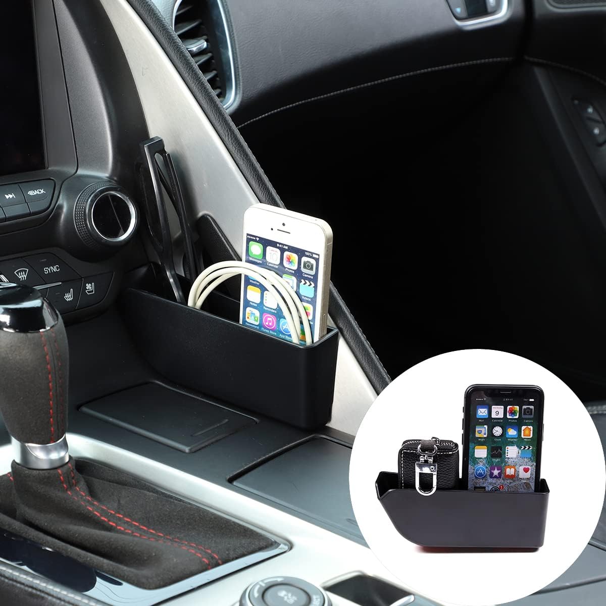 TINKI ABS Black Inner Central Console Shift Side Storage Box Tray Compatible for C7 Corvette Chevrolet 2014-2019 Auto Interior Accessory