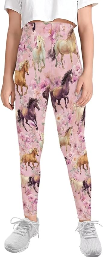 Horse Leggings for Girls 10-11 Pink Flower Tummy Control Workout Leggings Cowgirl High Waist Compression Yoga Pants Running Capri Legging Kids Gym Softball Activewear Slim Tights Athletic