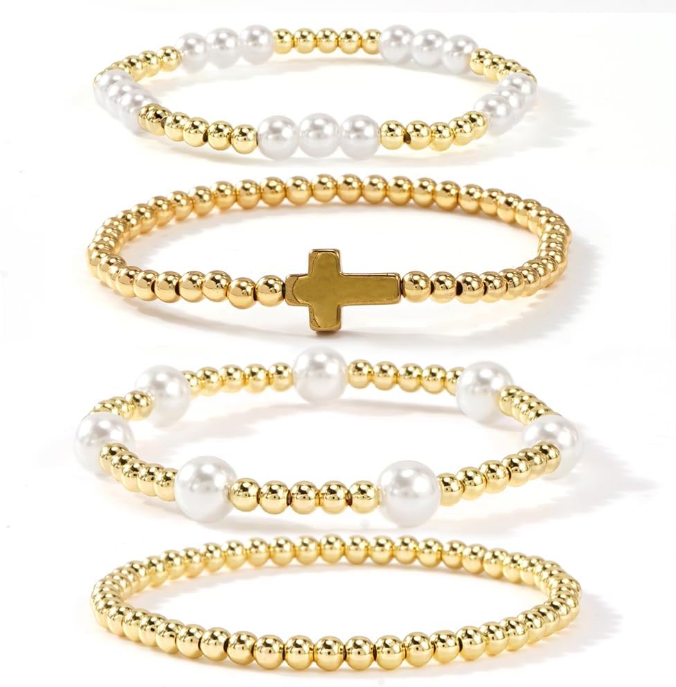 Cross Gold Beaded Bracelet Stack for Women, Pearl Gold Stretch Non Tarnish Stackable Bracelets Set Fashion Prom Jewelry Gift
