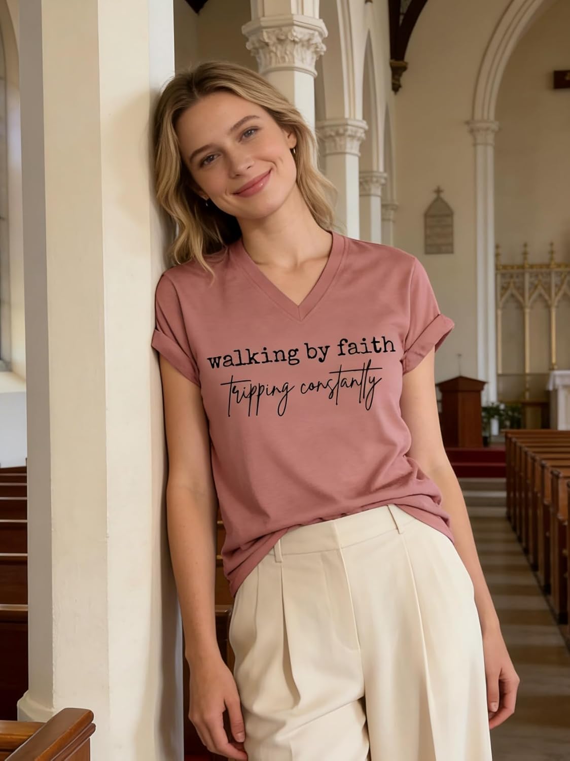 Walking by Faith Tripping Constantly T-Shirt for Women,Humorous Inspirational Saying Graphic Tee, V Neck Casual Top - Image 7