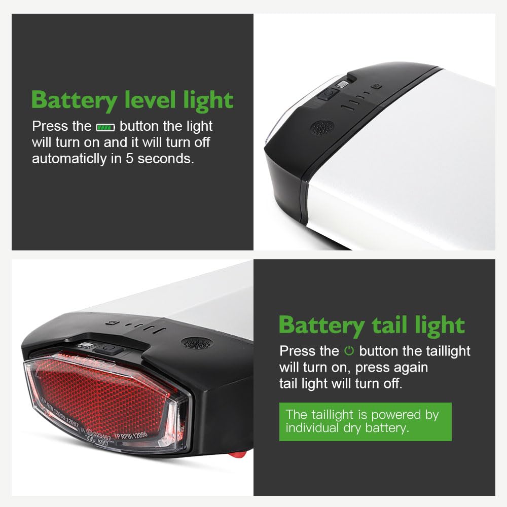 E-Bike Batterie 36V 13Ah Li-ion Akku Gepäckträgerbatterie mit Ladegerät, Passend für 26"/27,5"/28" V-Brake 250W-800W Elektrofahrrad NCM, Hamburg, Munich(36V 13Ah Batterie ohne Gepäckträger)