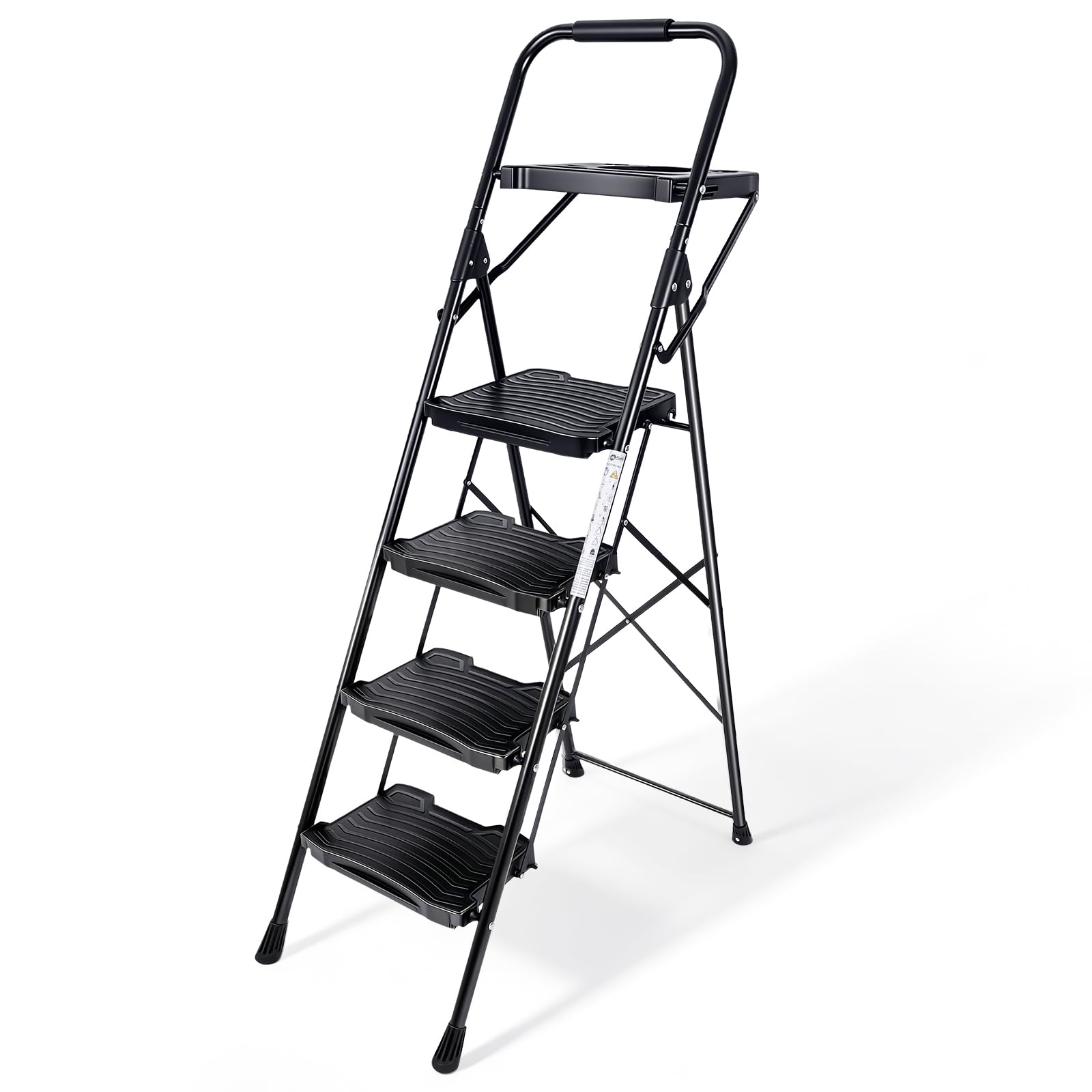 Sekey Escalera Plegable 4 Peldaños, con Pasamanos, Antideslizante, Bandeja Portaherramientas, Escalera Doméstica Resistente, Carga 150 kg