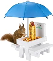 Vista 13 de MIXXIDEA Mesa alimentadora de ardillas con paraguas, alimentador de mesa de picnic de ardilla de madera, resistente soporte para mazorca de maíz