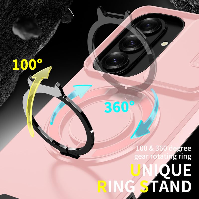 Image of LuxuryKase Shockproof Rugged Case for Samsung Galaxy S26 Plus | Slide Camera Cover | 360 Rotating Ring Kickstand | Military-Grade Protection - Rose Pink