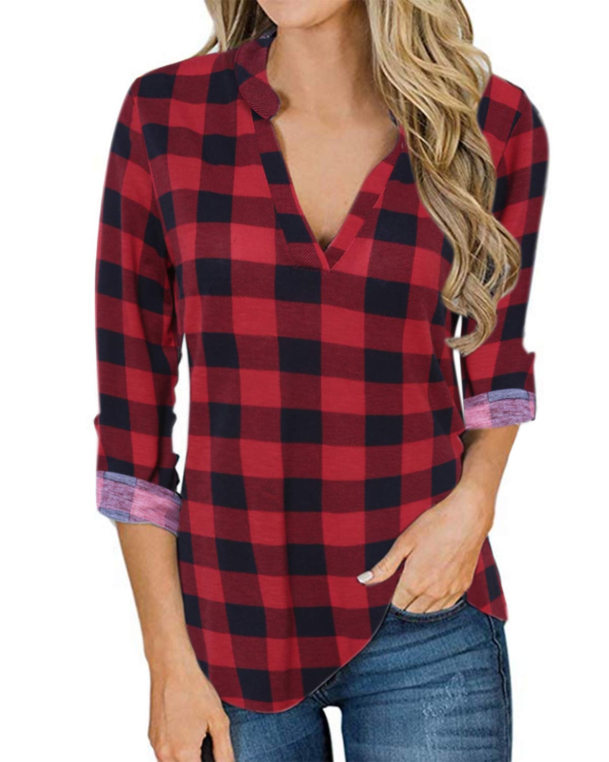 YOINS Women Tops Button Down Shirts Blouse Long Sleeves Grid Pattern Loose Casual Basic Knits Tees Top New-Red XL