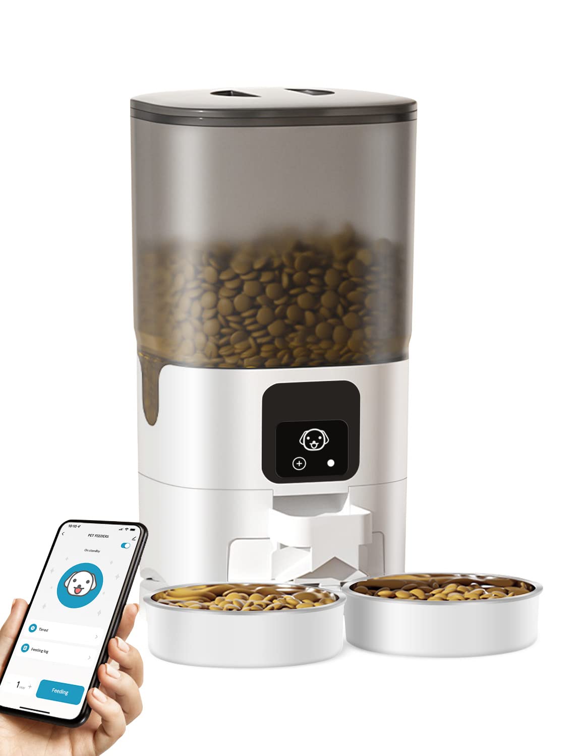 Acteam Automatic Cat Feeder with APP Control, 7L Pet Food Dispenser for Two Pets, 2.4G WiFi Smart Timed Pet Feeder Dry Food Dispenser with 2 Stainless Steel Bowl, for Cats Large Dogs and Multiple Pets