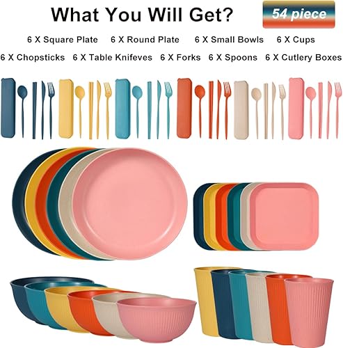 Miniatura 5 de Hoidokly Juego de vajilla de paja de trigo de 54 piezas, juego de vajilla reutilizable irrompible, platos ligeros de campamento, tazas y cuencos
