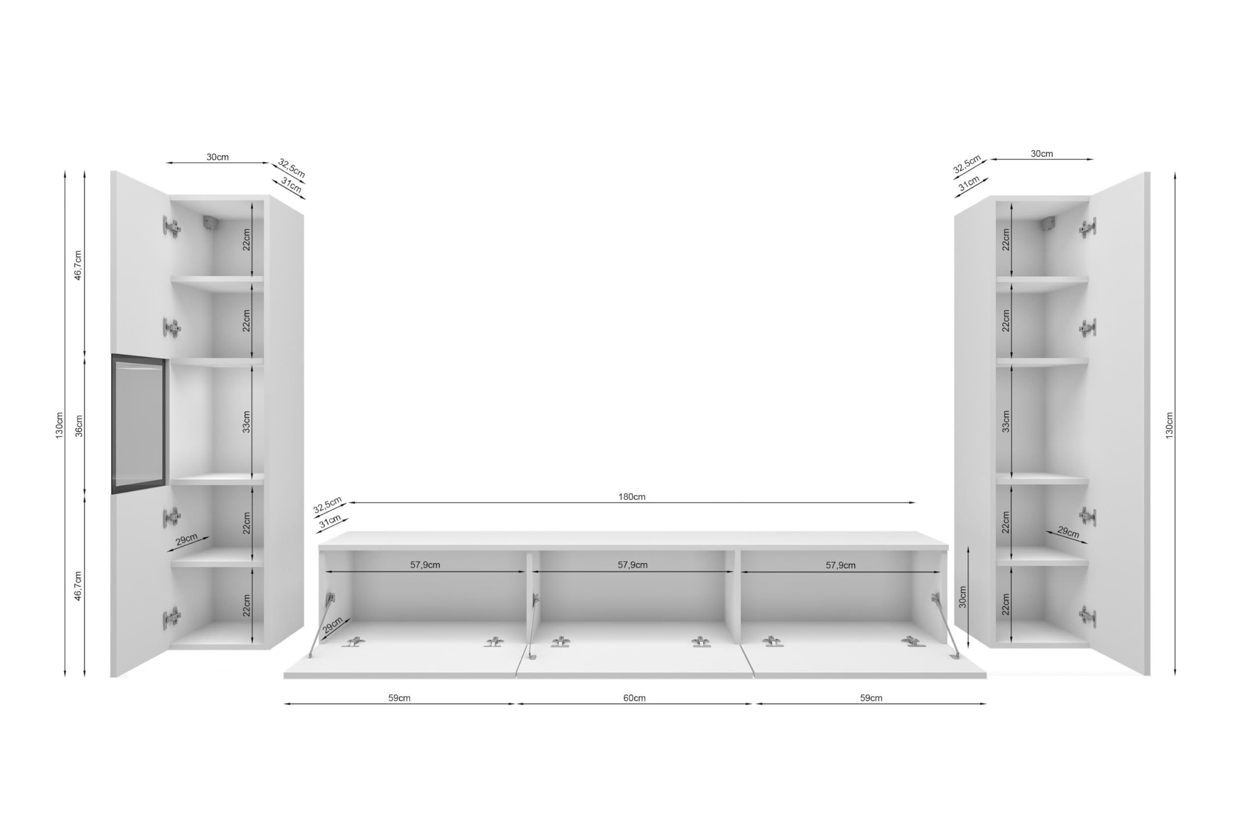 MINIO go for it - Wohnwand BRELA 3, 3-Teilig Set Wohnzimmermöbel mit LED | Hängend oder Stehend, Vitrine, Lowboard, Wandboard, Farbe: Schwarz matt - mit LED Beleuchtung