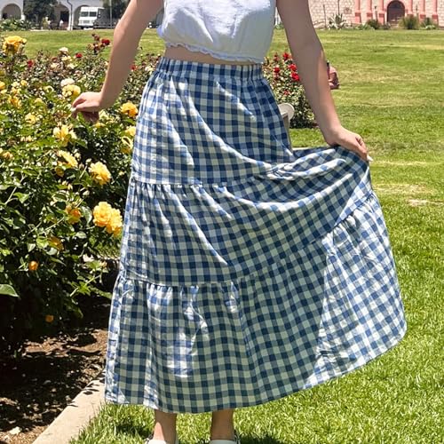 Y2k Women Gingham Tiered Maxi Skirts A Line Ruffle Plaid Midi Skirt Flowy Long Skirt Losse Summer Beach Casual4