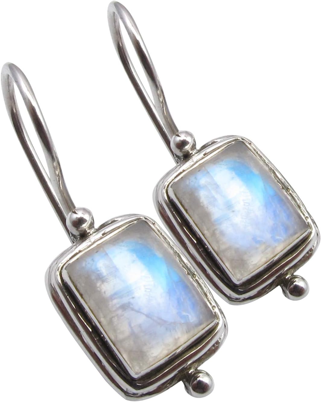 925 Solid Silver Natural Rectangle 6 x 8 mm Rainbow Moonstone Earrings 2.5 cm
