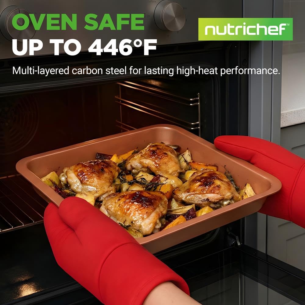 NutriChef Set da 10 Pezzi di Teglie da Forno Antiaderenti in Rame, Teglie Forno in Acciaio al Carbonio con Teglie per Biscotti, Plumcake, Muffin, Crisper, Torte e Arrosti, Facili da Pulire