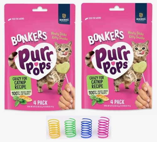 Bonkers Purrpops, Freeze Dried Crazy for Catnip Recipe Flavored Lollipop Cat Treats, for All Breeds and Ages 8 Pieces (2 Packs) with Cat Spring Toys