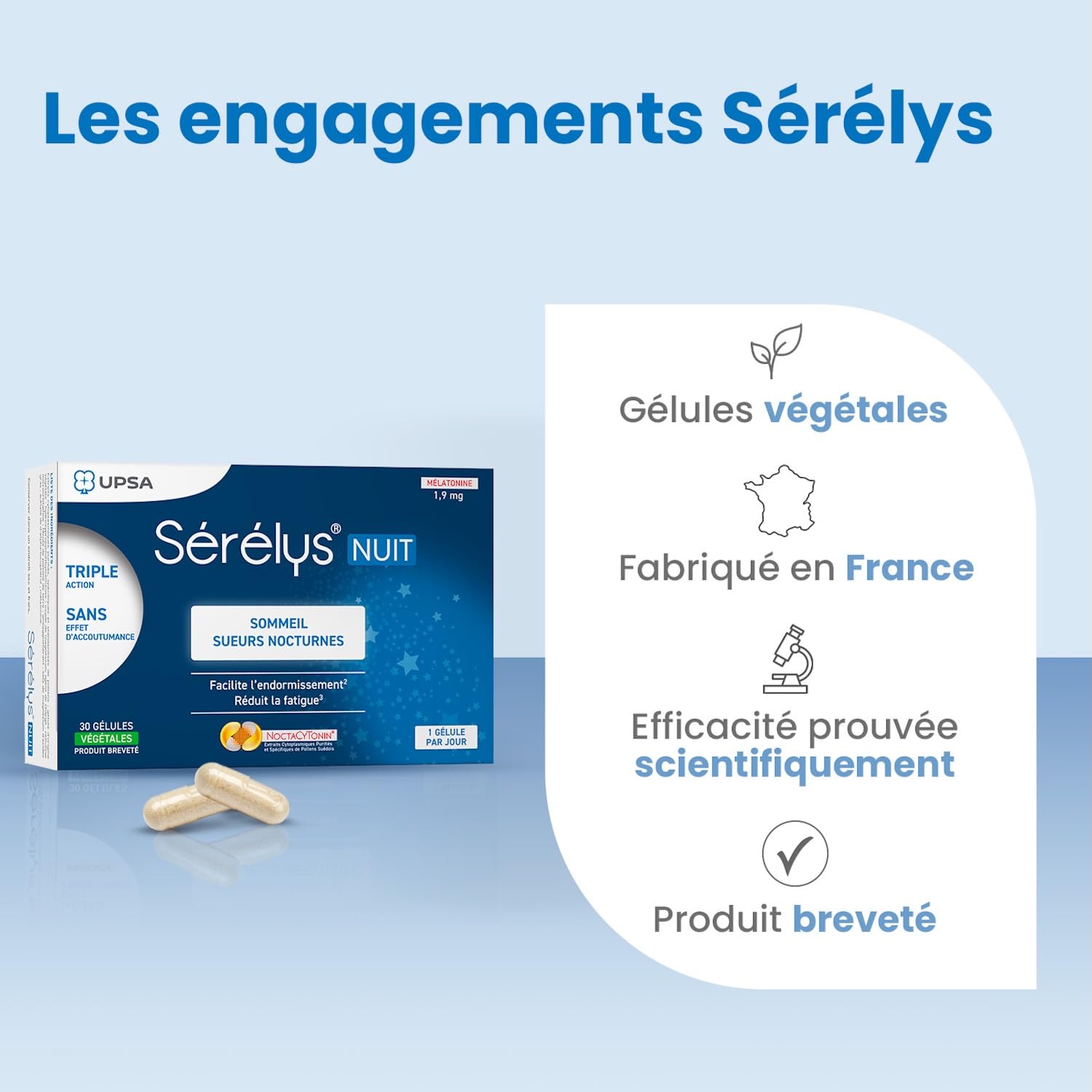 UPSA - Sérélys NUIT- Complément Alimentaire à Base de Mélatonine 1,9 mg, Magnésium & Vitamine E - Endormissement, Fatigue, Troubles du Sommeil & Sueurs Nocturnes - 30 Gélules Végétales - 1 mois