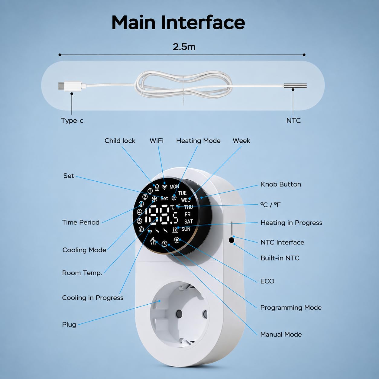 Yasorn Termostato WiFi da Presa 16A, Display LED, Manopola e Sonda Esterna | Precisione ±0,5 °C; Tuya/Smart Life; Alexa e Google; 6 modalità; programmazione settimanale; antigelo; max 16 A/3680 W