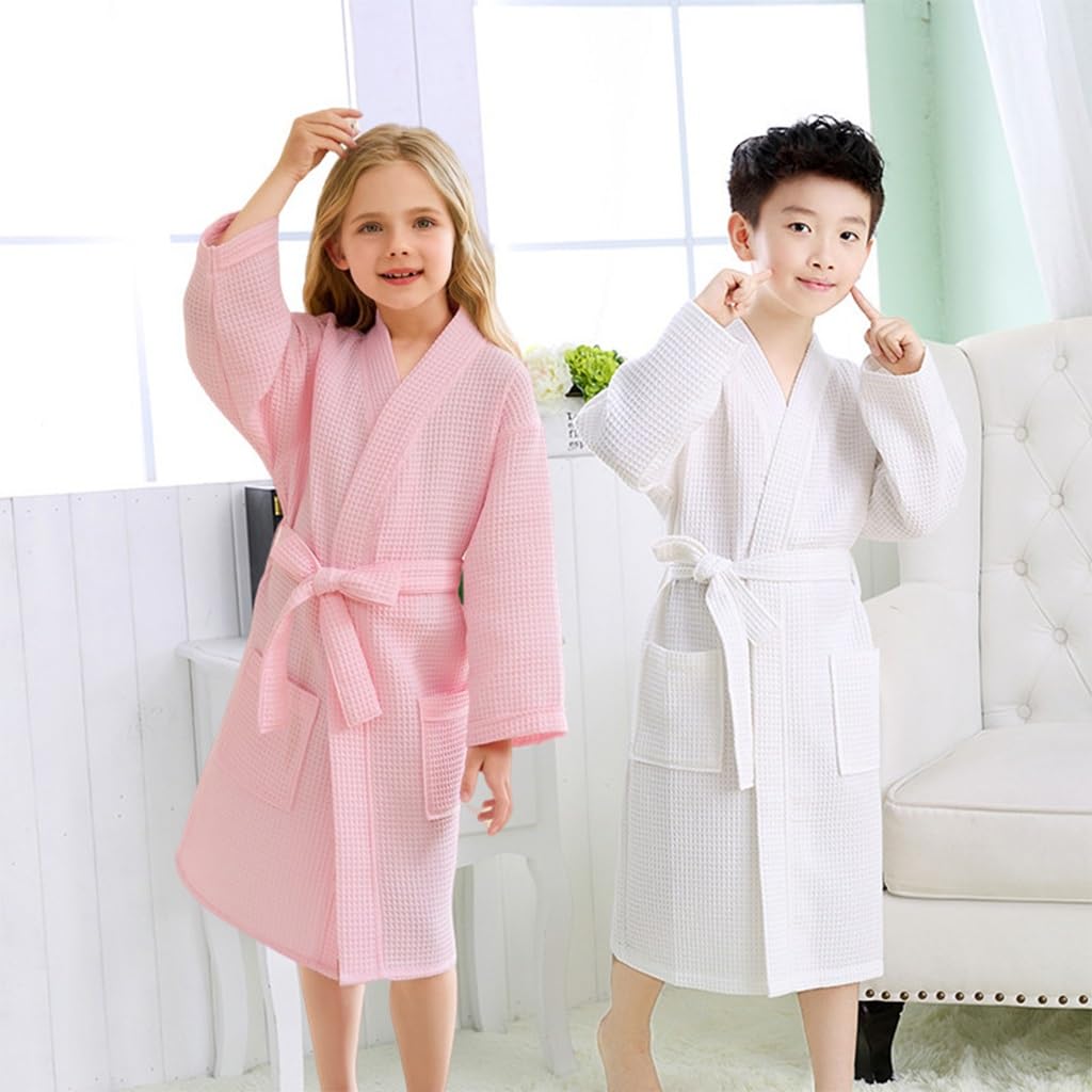 XUEMML Peignoir en Coton Gaufré for Enfants Filles, Peignoir Kimono À Carreaux en Nid d'abeille for Filles De 6 À 15 Ans(Roze,10-15 T)