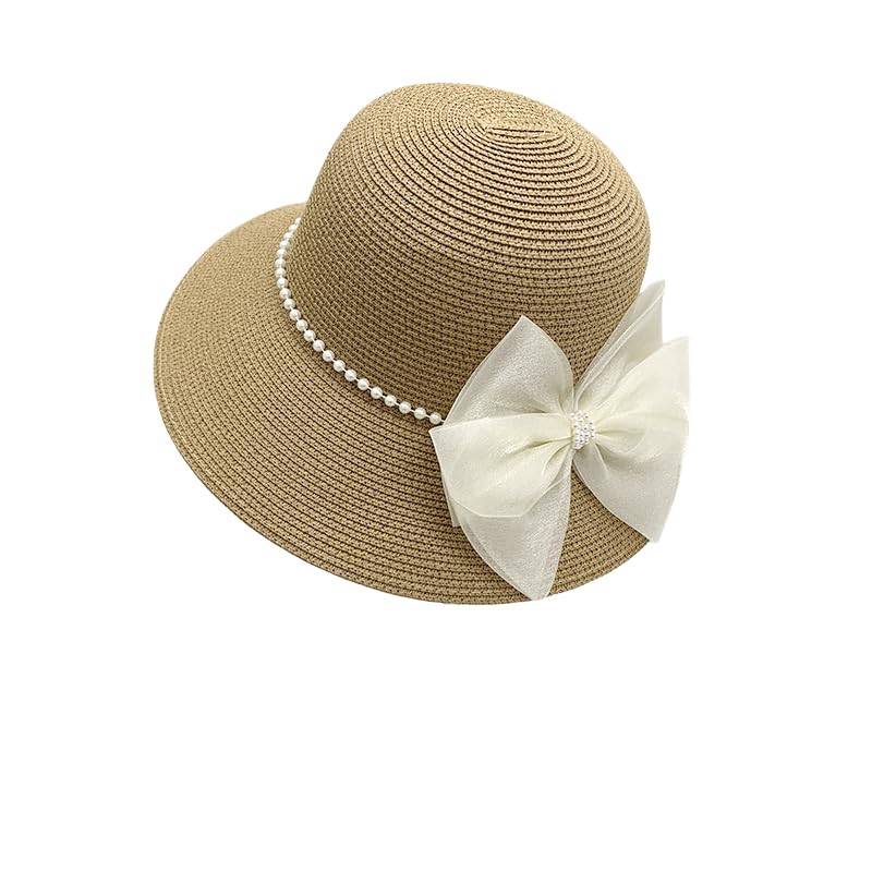 Sombrero de ala Ancha para Mujer,Plegable,de Paja,con Lazo de Perla,Ajustable,Ligero y Transpirable,para Playa,para Caminar,Pescar y Viajar
