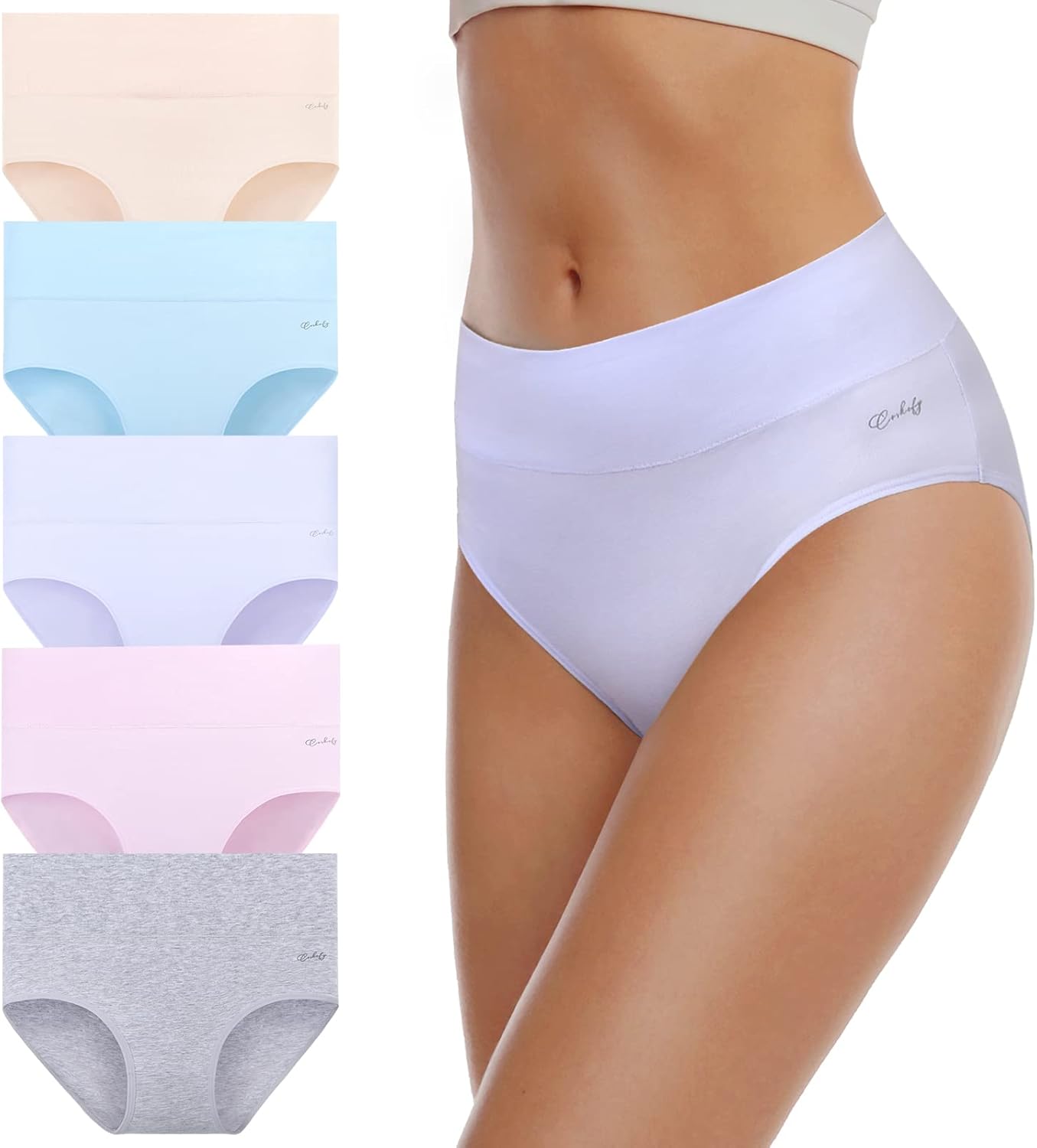 coskefy Women's High Waisted Cotton Underwear Soft Breathable Panties Stretch Briefs Ladies Panties 5 Pack Large Light Color