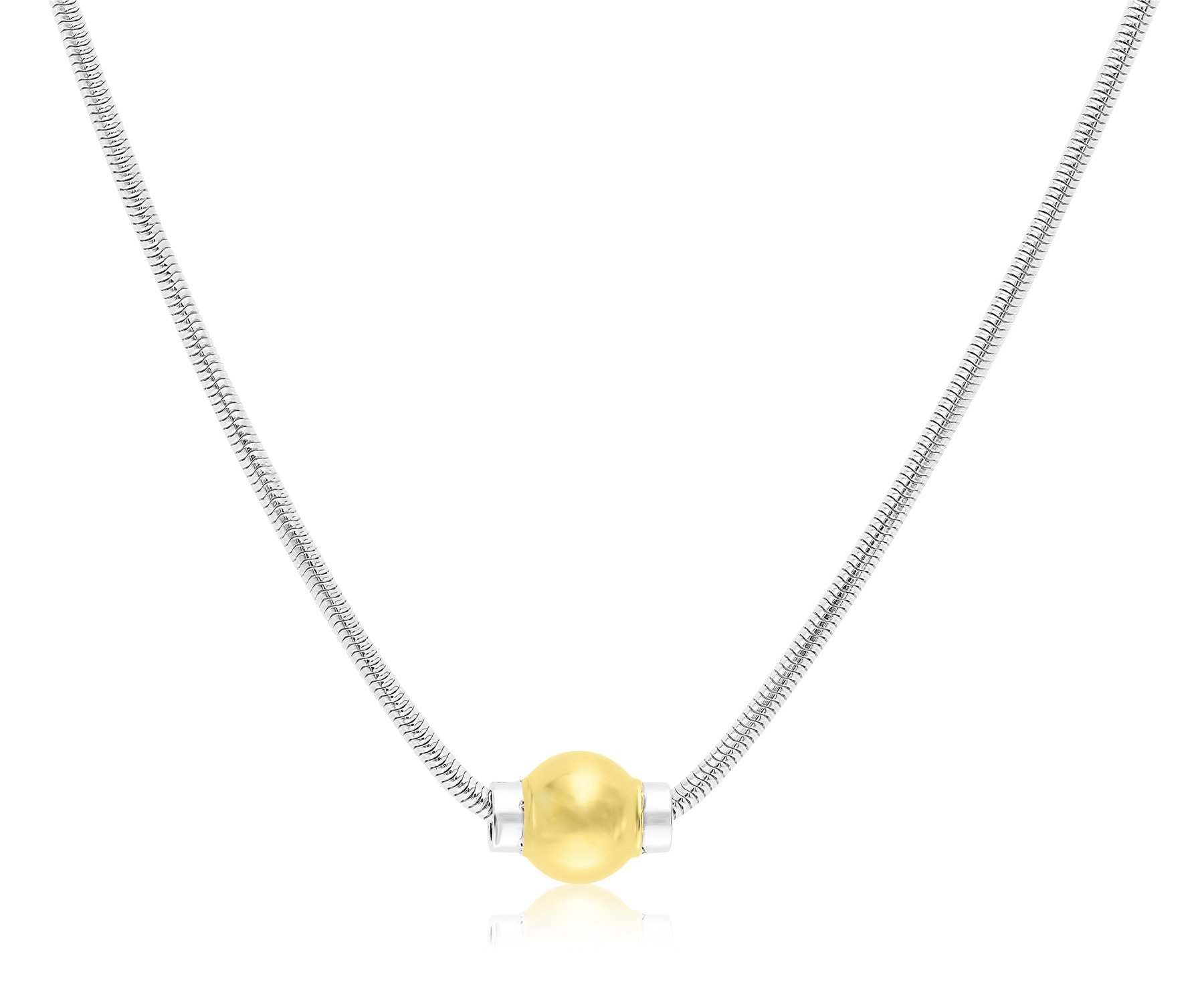 Unique Royal Jewelry Solid 925 Sterling Silver and 14K Gold Ball Ocean Side Designer Real Snake Chain Necklace.
