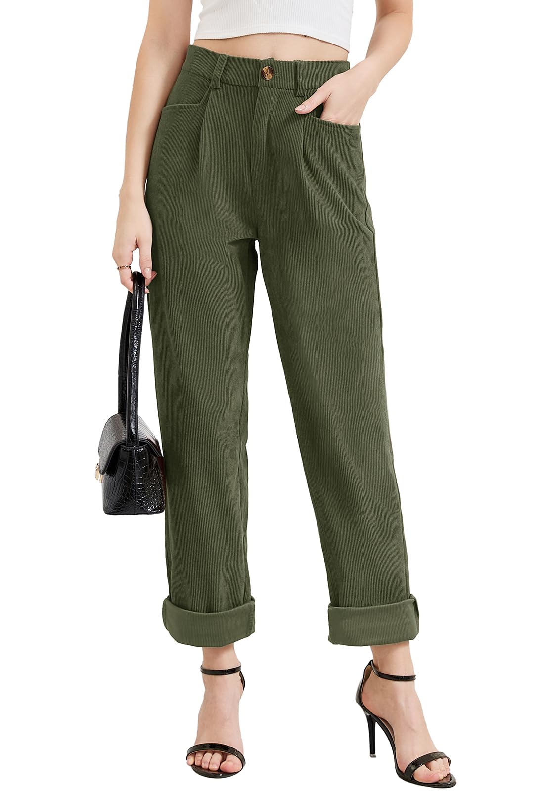 Rasutina Women Corduroy Pants Casual Fall Pants High Waisted Straight Leg