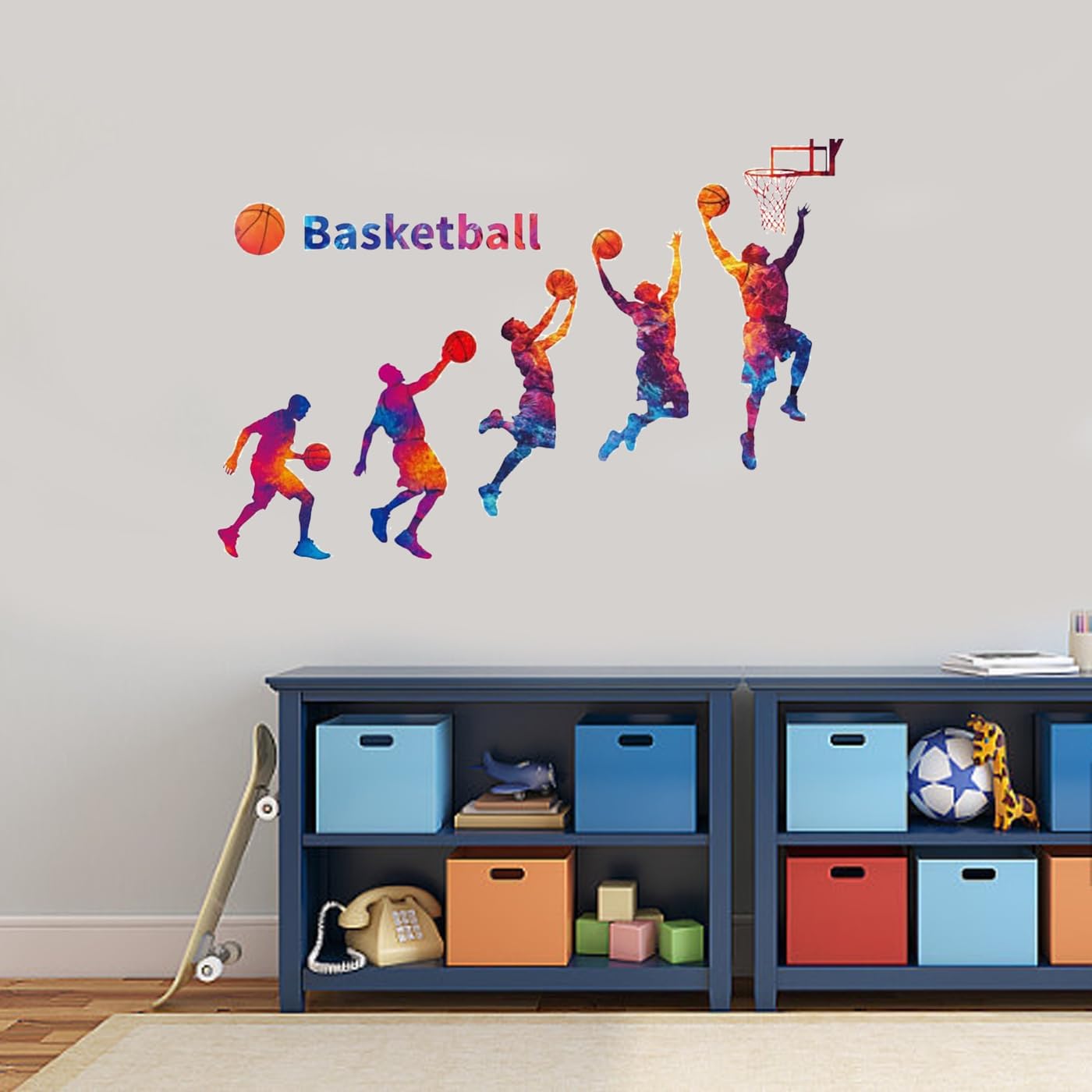 PLIGREAT 2 Sheets Basketball Player Wall Stickers Colorful Sport Silhouette Wall Decor Shooting Action Wall Decals Removable Peel and Stick Wall Stickers for Kids Bedroom Playroom Classroom Gym