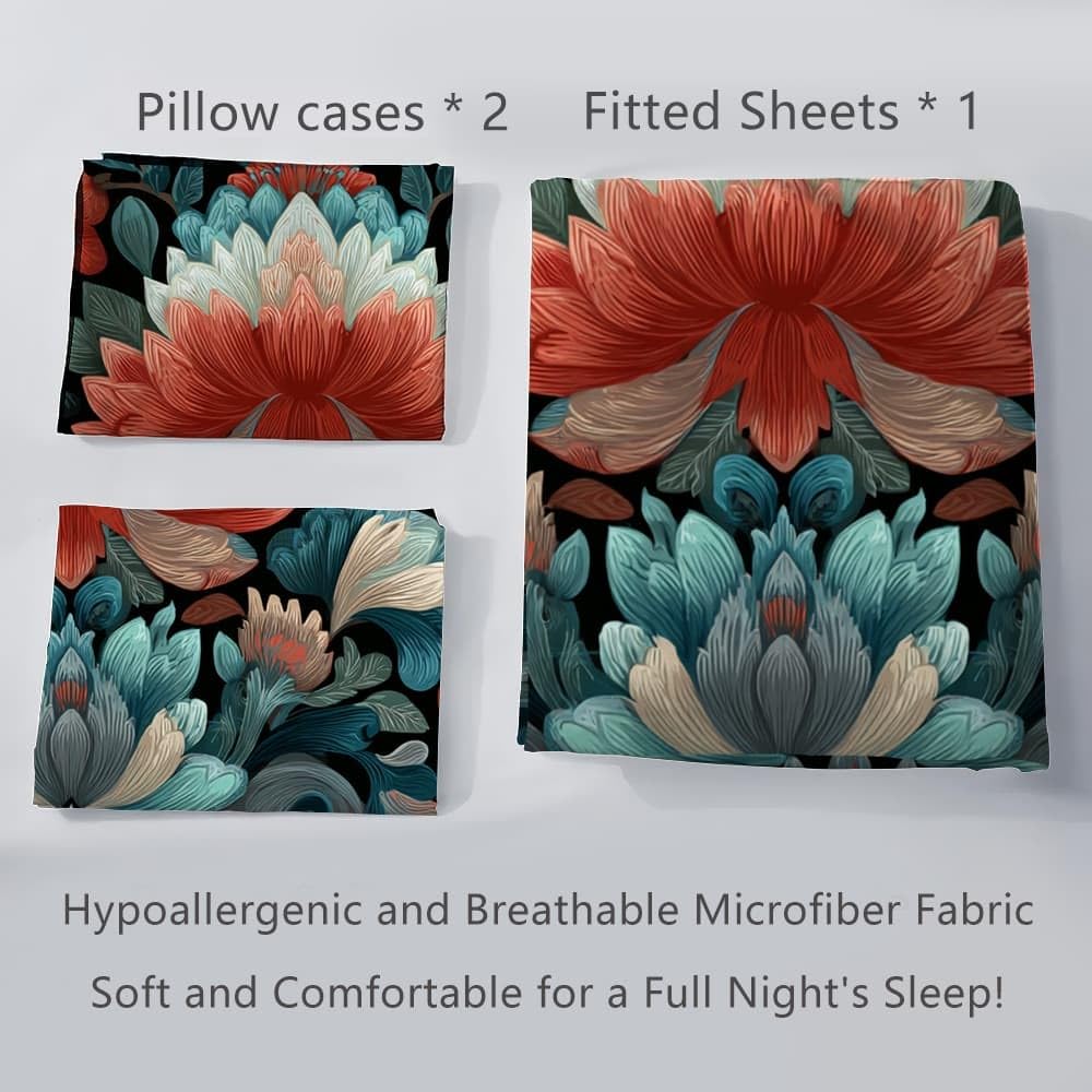 Sábana Bajera Ajustable Elástica 200x200 cm Tradicional Estampados Florales ArtíSticos Transpirable Suave Microfibra Juego de Ropa de Cama Multicolor Bolsillo Profundo 30 cm, Protector de Colchón