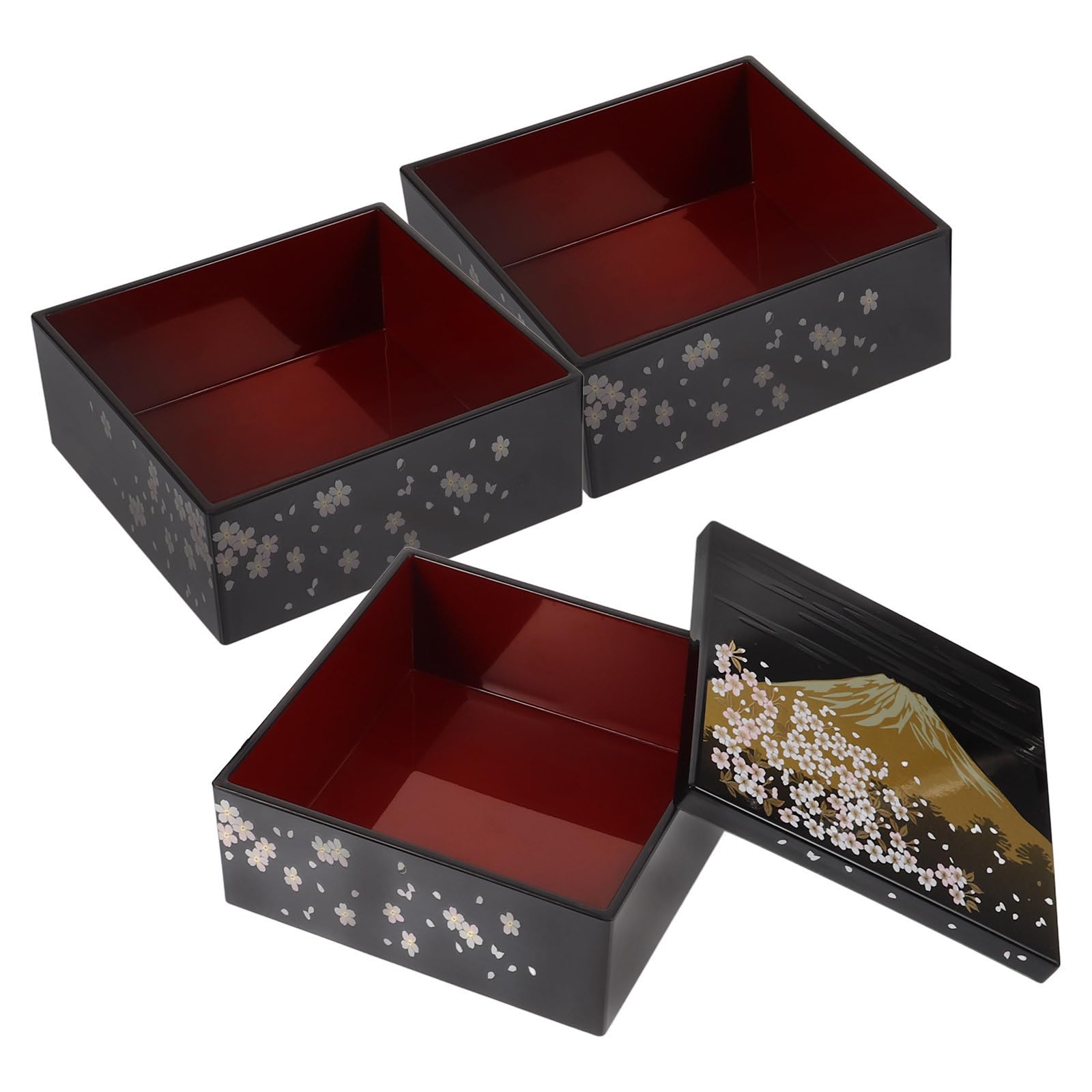 UKCOCO Contenitore per Pranzo Giapponese Stile Tradizionale Motivo Monte Fuji, Scatola Bento in Plastica Nera a 3 Strati, Sicura per Uso Quotidiano per Snack e Dessert in Famiglia