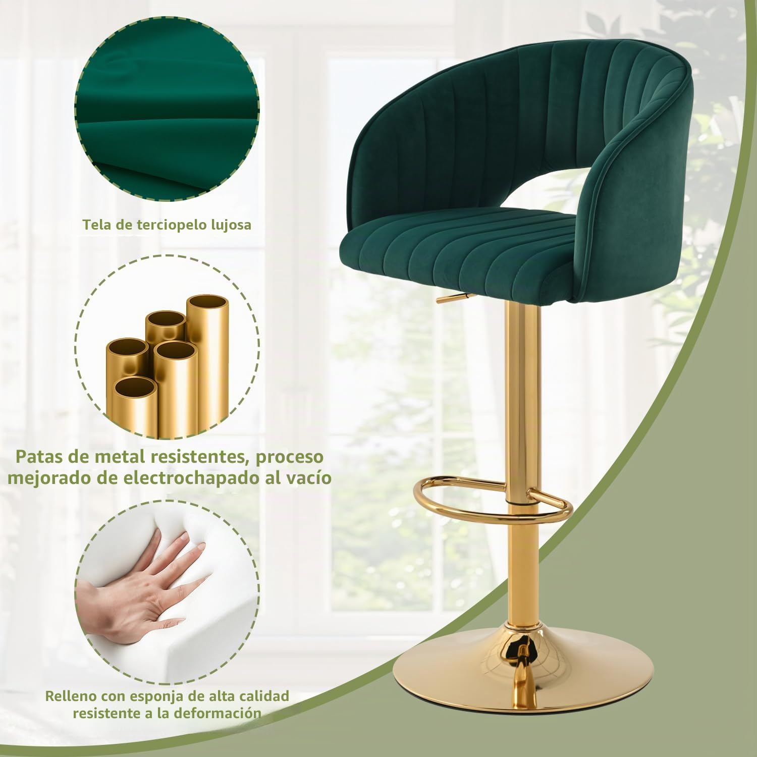 Juego de 2 taburetes de Bar de Terciopelo, Altura Regulable con Respaldo y reposabrazos, Giratorio 360°, Taburete de Cocina, Taburete para barbero, reposapiés Dorado, para Comedor, Isla de,Esmeralda