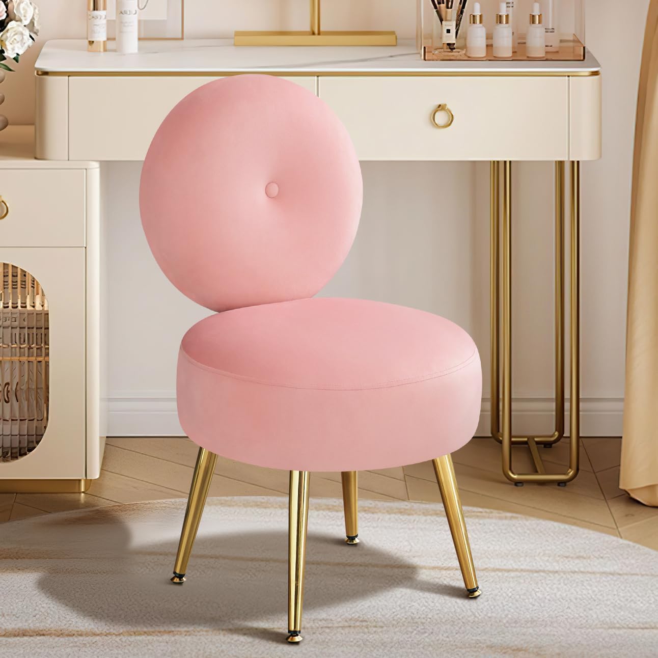 Nucast Decor® Modern Velvet Makeup Chair – Armless Vanity Stool with Golden Legs, Upholstered Round Backrest – Comfortable Accent Chair for Bedroom, Dressing Room, Makeup Studio & Living Space (Pink)-image-31