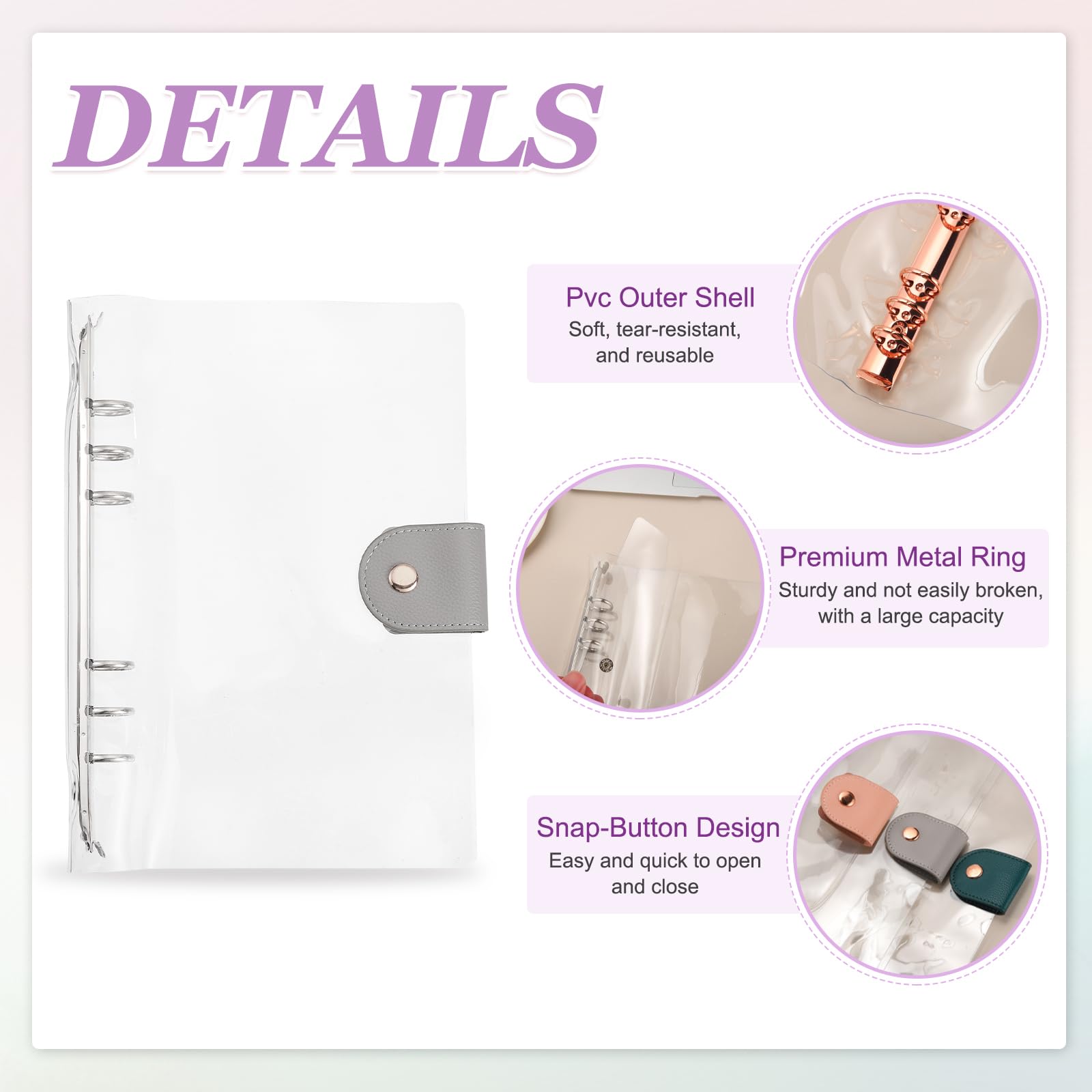 PATIKIL A5 Clear Notebook Binder, Transparent Soft PVC 6-Ring Refillable Planner Cover Planner Binder with Snap Button Closure for Journal Planner Office Organizer Accessories, Gray - Image 3
