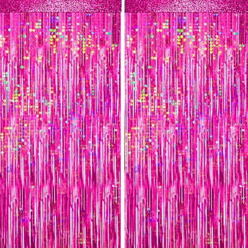 Image of 4 Packs Hot Pink Foil Fringe Curtain, Pink Glitter Metallic Tinsel Backdrop for Birthday, Wedding, Baby Shower, Bachelorette Cowgirl Princess Party Decorations Supplies