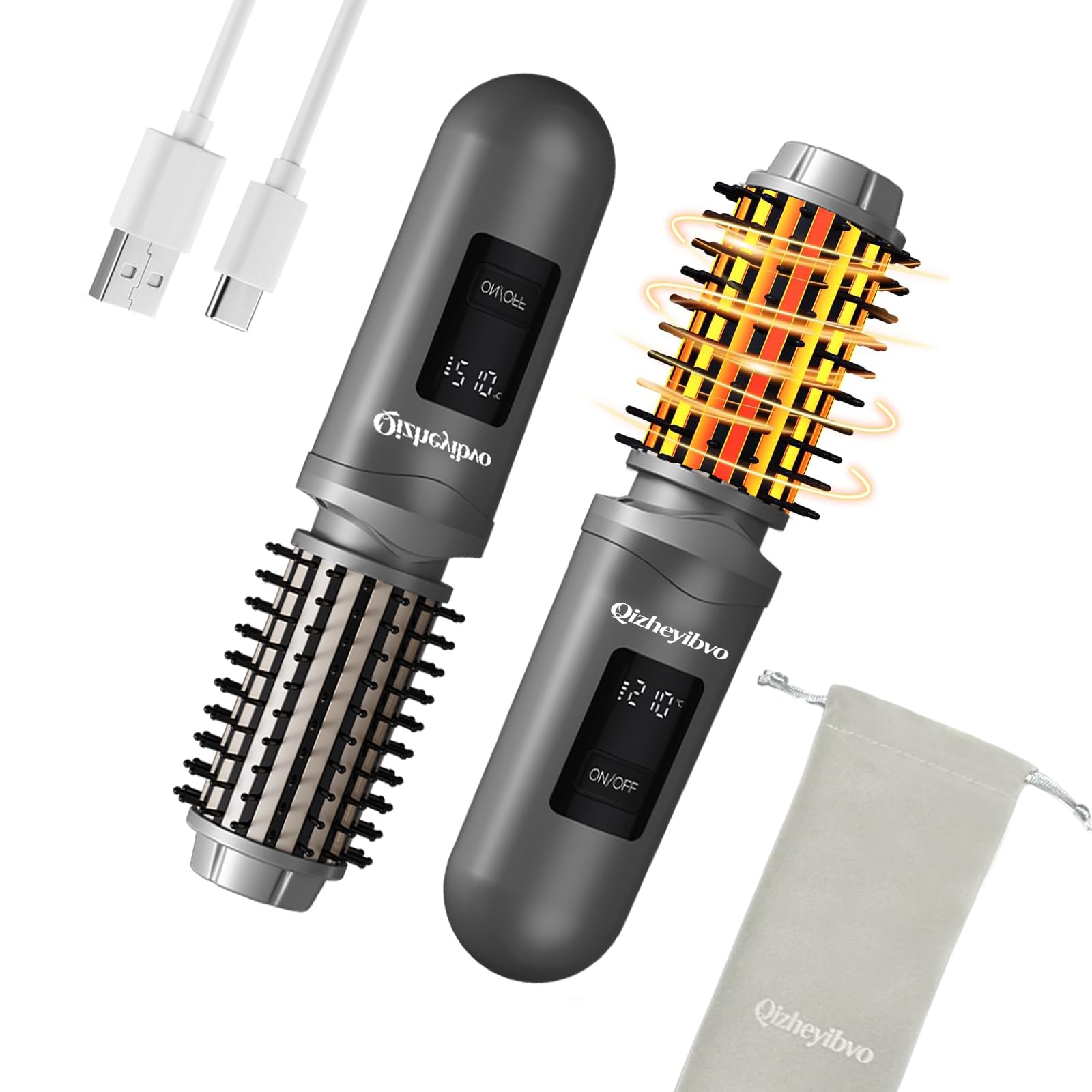 Qizheyibvoヒートブラシ コードレス 38mm ストレート＆カール両用 持ち運び ミニ ブラシアイロン 5200mAh Type-C充電式 軽量 マイナスイオン ロールブラシアイロン 15分無操作自動OFF 火傷防止 バレンタインデー/母の日/クリスマス/お歳暮/成人の日初心者でも最適（ダークグレ）