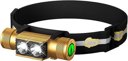 Faro delantero, lámpara de cabeza de 1200 lúmenes altos para adultos, impermeable y resistente a los impactos, diadema ajustable y cómoda, dorada,