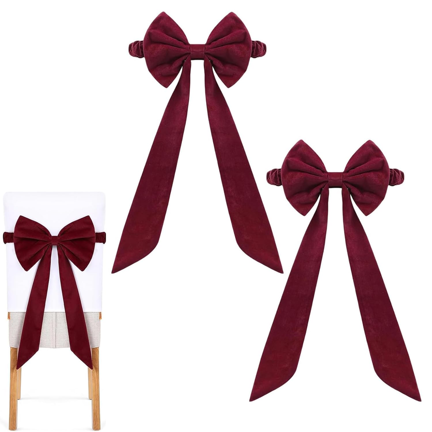 PEAMOO Christmas Bows Velvet Chair Sashes, 11.8 x 29.5 Inch Burgundy Chair Sashes, Large Chair Cover Bands, Bow Back Tie Ribbon for Wedding Party Banquet Holiday Event Decorations (2PCS)