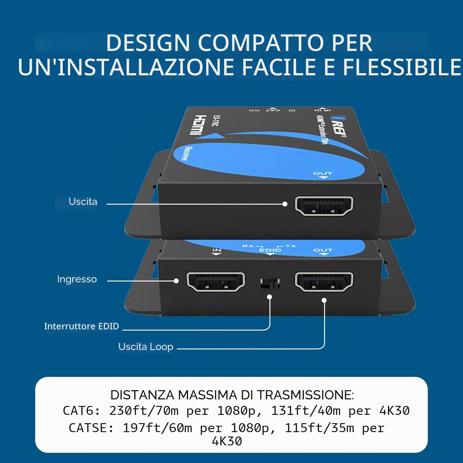 Orei - Extender HDMI su CAT5/CAT6 con IR fino a 40 m, loop out, distribuzione del segnale Full HD 1080p (EX-170C)
