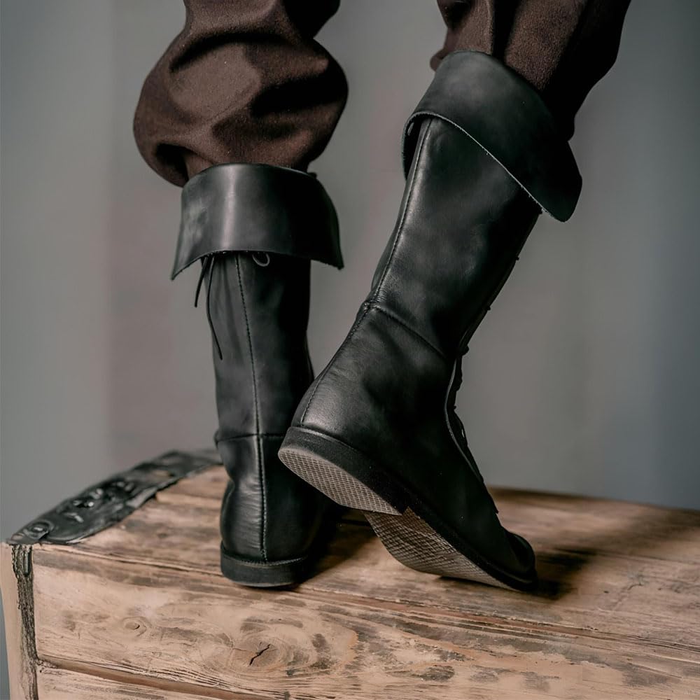 Stivali Da Cavaliere Pirata, Scarpe Medievali in Pelle PU Con Lacci Fatte a Mano per Attività Cosplay