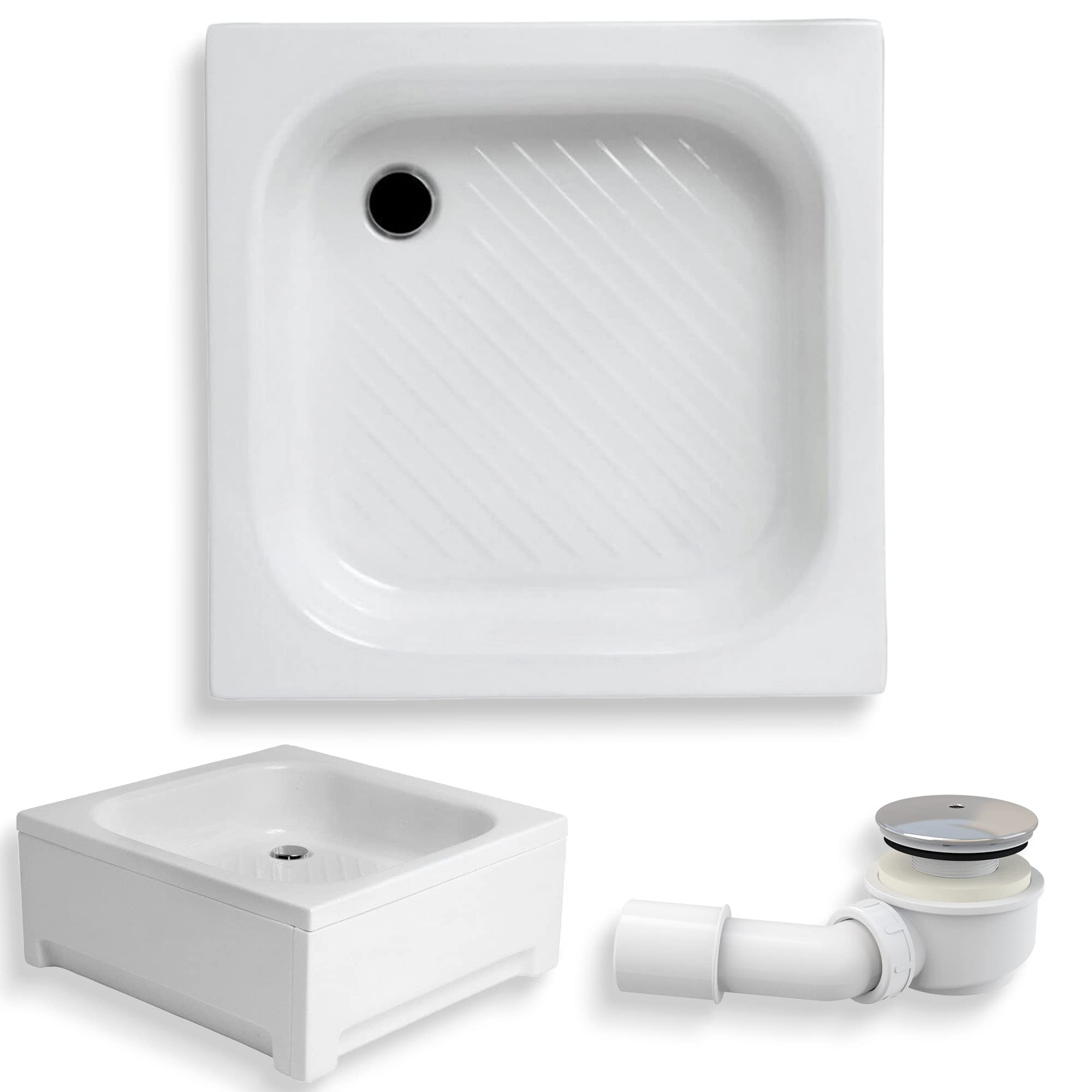 KOLMAN Duschwanne 70x70x15 cm Quadratisch, Weiß, Acryl, Anti-Rutsch, SET Wannenträger + Ablaufgarnitur Ø 50 mm und Füße, Design-Duschtasse Viereck Karen