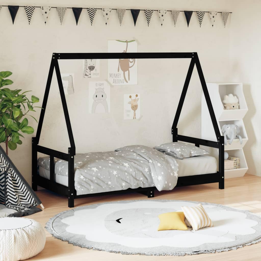Kinderbett aus Massivholz Kiefer – Hausform Bett mit Lattenrost – 70x140 / 80x160 / 80x200 / 90x190 / 90x200 cm – Farben: Natur/Schwarz/Weiß – Kinderbett für Kinder ab 4 Jahren