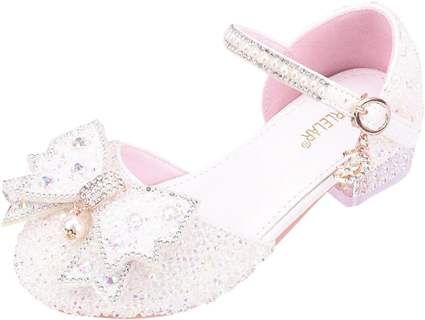 IWIHMIV Girls Low Heel Princess Shoes Dress Mary Jane Sandals with Bow Flower Wedding Glitter Shoes for Toddler