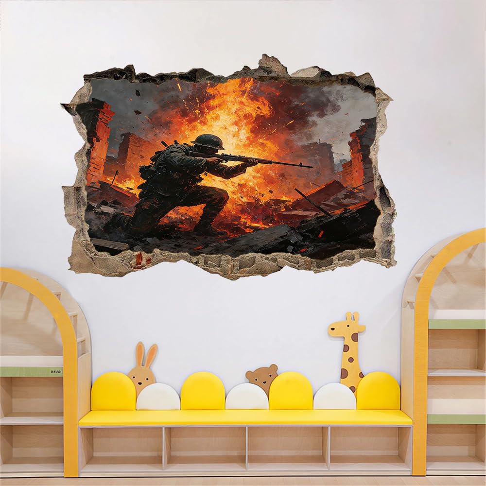 3D Wandtattoo Durchbruch Wanddeko Krieger Wanddurchbruch sticker Wandbild Wandsticker Rote Flamme Wohnzimmer Wanddeko Wandaufkleber für Kinderzimmer Teenager Zimmer