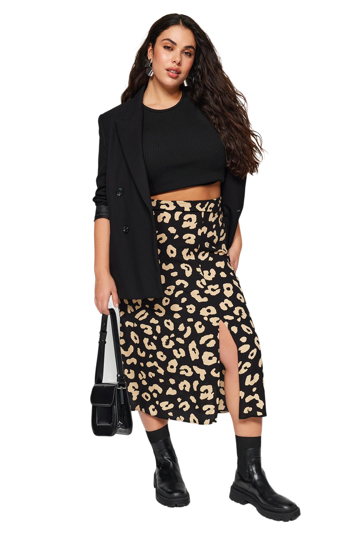 TRENDYOL Damen Trendyol Damen Große Größen Midi A-linie Rock mit Schlitz Webstoff Große Größen in Rock Skirt, Schwarz, 42 Große Größen EU