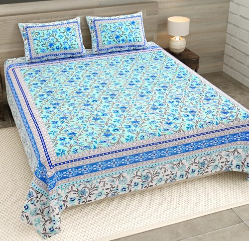 Decor@Home 100% Cotton 240 TC Floral Mughal Jaal Print King Size BEDSHEET with 2 Pillow Cover - 90X108 (Suitable for King Size Bed Sheet or Double Bed, Blue)