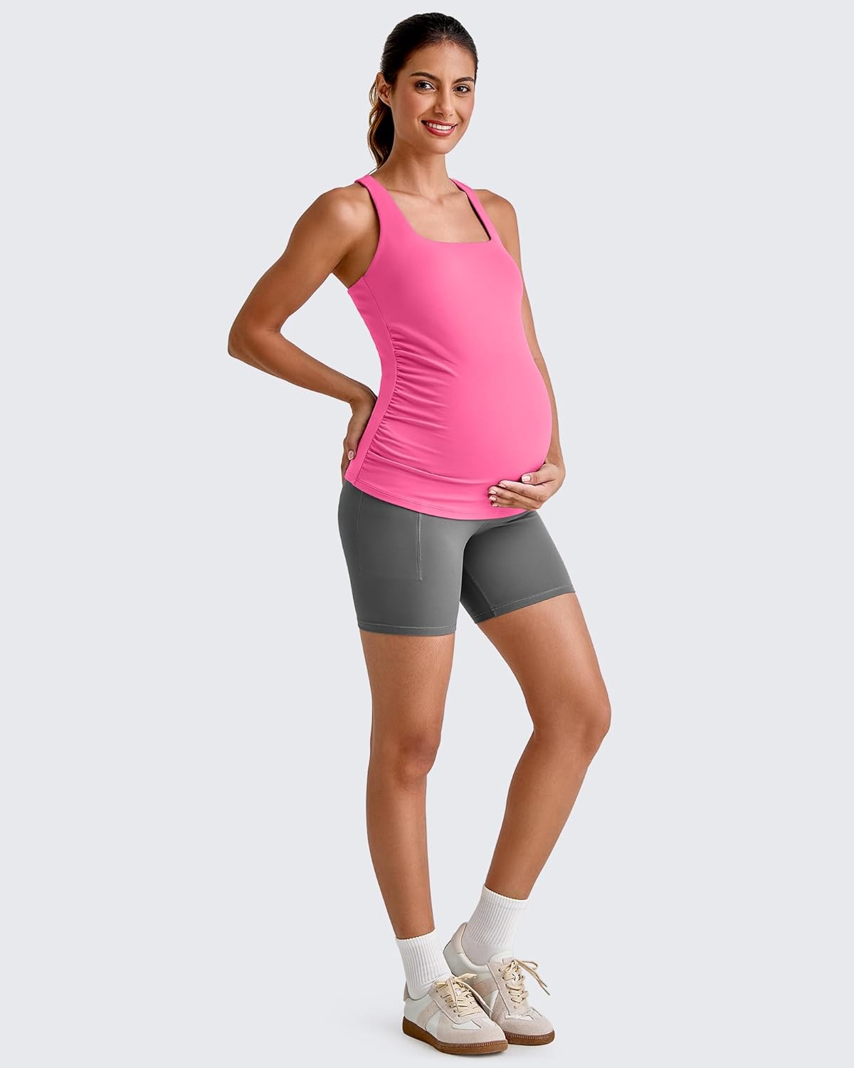 G4Free BareFeel Maternity Racerback Tank Tops with Built in Bra Ruched Sleeveless Square Neck Pregnancy Yoga Workout Shirts