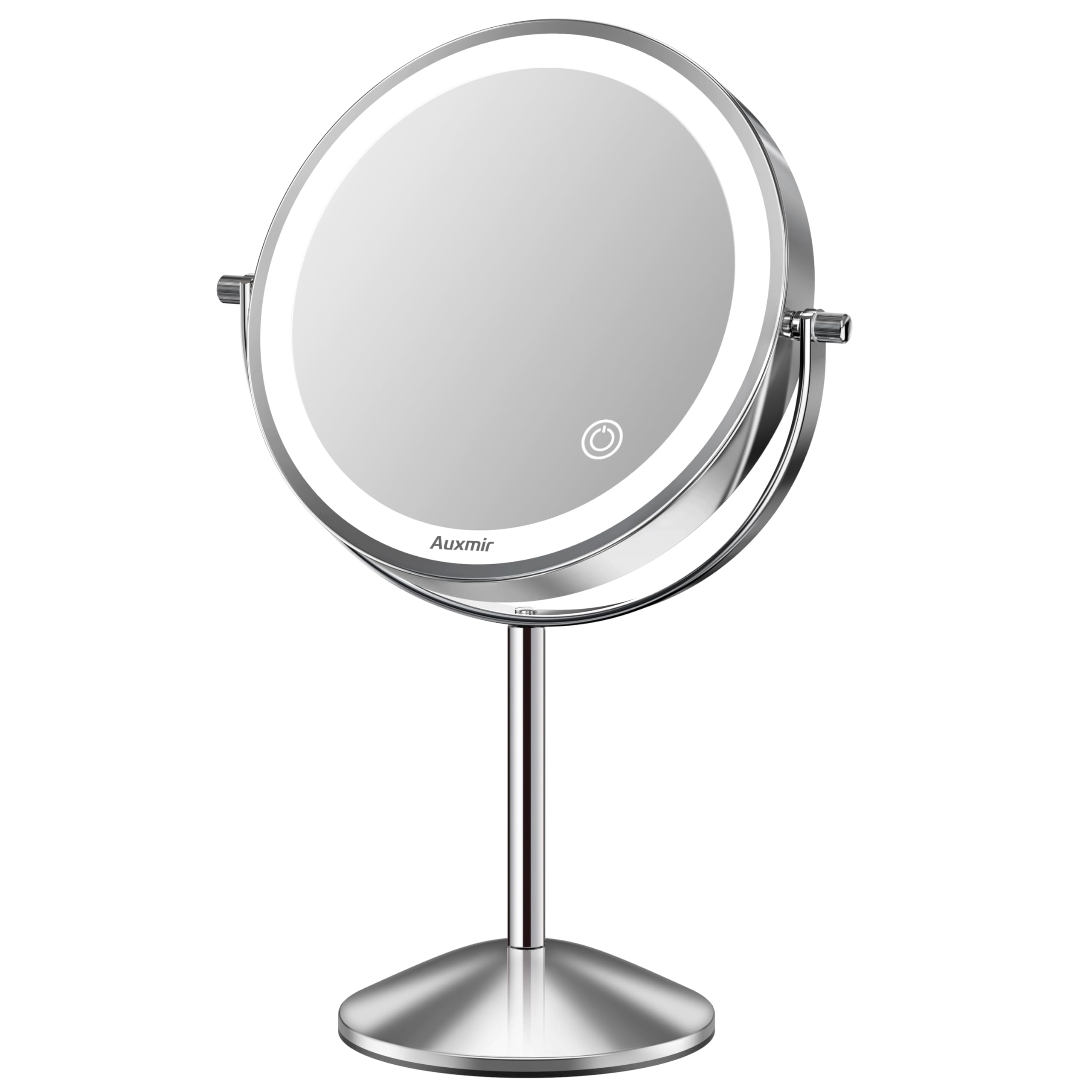 Auxmir Espejo Maquillaje con Luz LED, Aumento de 1X/10X, Espejo Maquillaje, Táctil, Color de Luz y Brillo Ajustable, Espejo Aumento, Doble Cara, Giratorio 360 para Baño, Tocador, Plata
