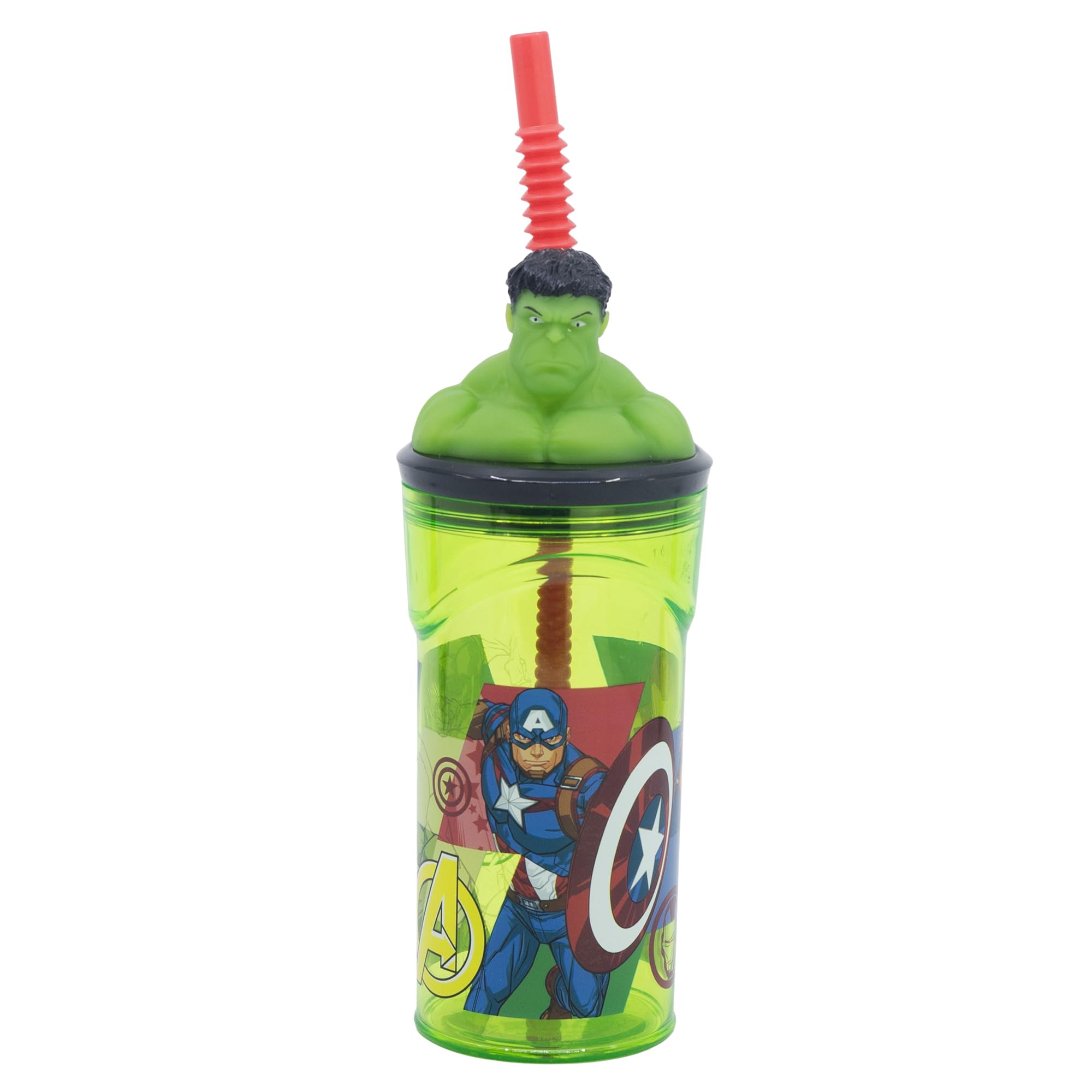 STOR Bicchiere Bambini con Cannuccia e Coperchio Avengers, Figura 3D, 360 ml, Plastica Riutilizzabile, Senza BPA, Ideale per Bambini e Bambine