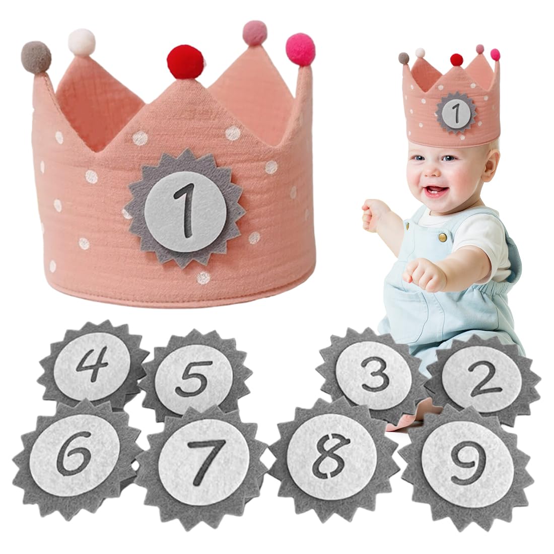 XOUDKE XOUDKE Cumpleaños Ajustable 1 año, 2 3 4 y 5 Años (Intercambiables) - Gorro Infantil de Tela Primer Cumple Año - Gorros de Regalo Niña, Ajustable con Velcro. Ideal para Fiestas