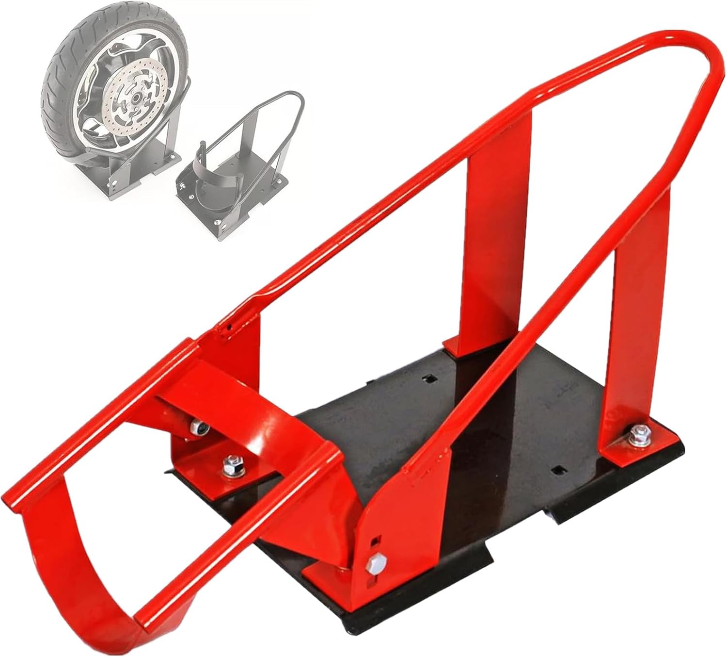 SUNROAD Adjustable Motorcycle Wheel Chock for 15”–21” Front Tires, Heavy Duty Steel Wheel Stop for Garage, Trailer & Transport, Black/Red