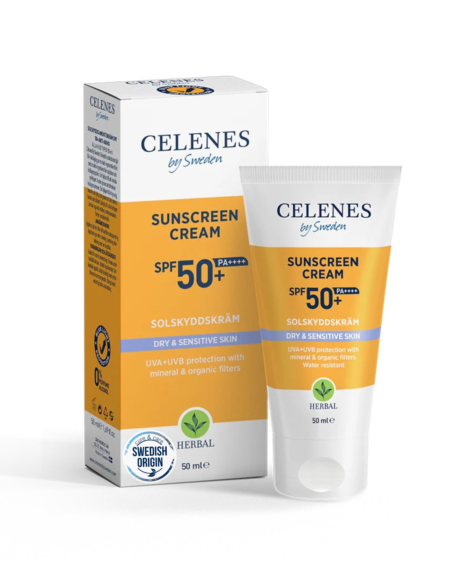Celenes by Sweden Protector Solar SPF50+ para Piel Seca y Sensible - Filtros Minerales y Orgánicos, Aceite de Aguacate, Vitamina E, Resistente al Agua, Sin Residuos, Sin Parabenos, Vegano, 50ml