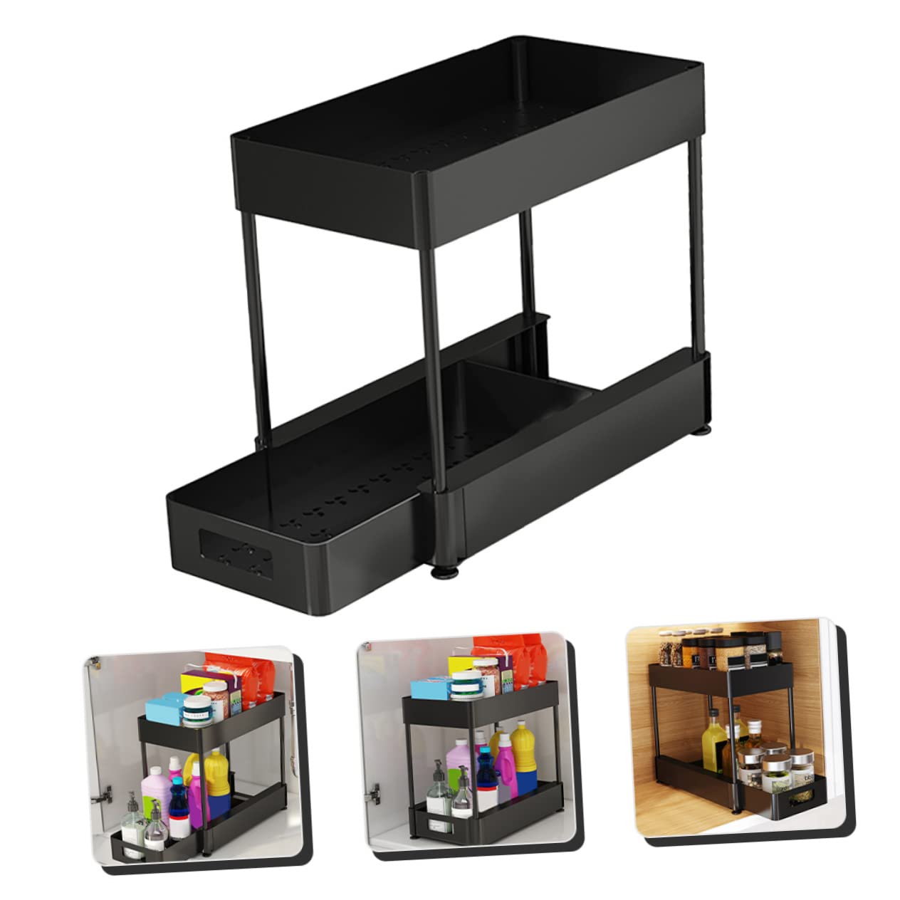 MAGICLULU Organizer Estraibile a 2 Livelli Sottolavello Nero | Acciaio al Carbonio Fondo Cavo Struttura Ventilata Plastica e Bordi Rialzati