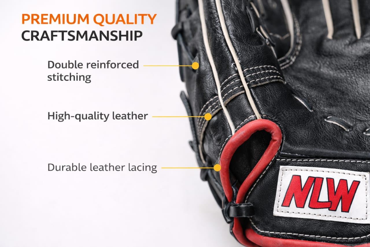 NLW Baseball Glove, Black Leather, Red Trim, Craftsmanship, Double Reinforced Stitching 1
