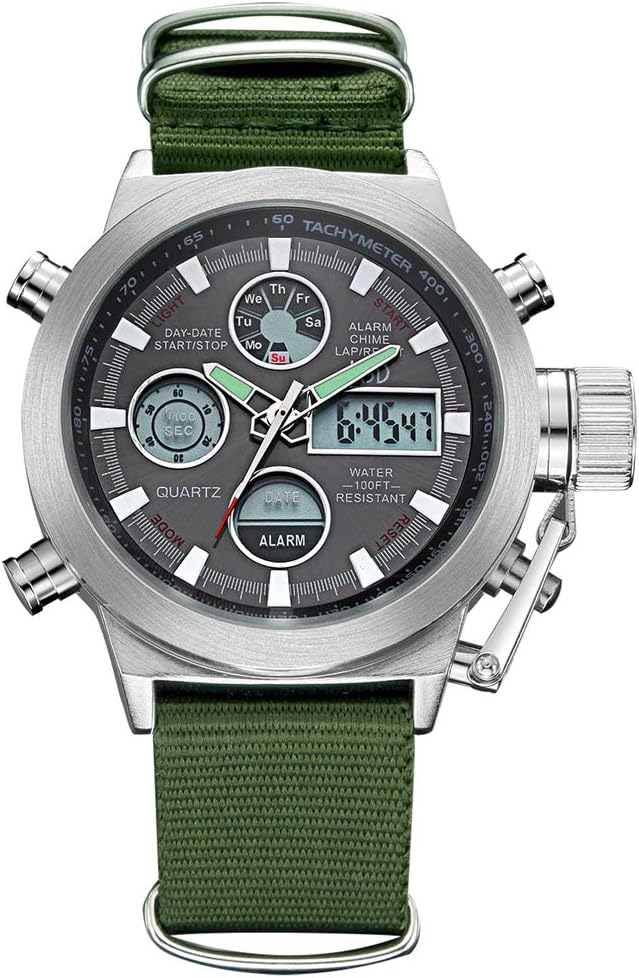 Mens Sport Analog Digital Watches Olive Canvas Nylon Strap Military Chronograph Backlight Waterproof Wrist Watch